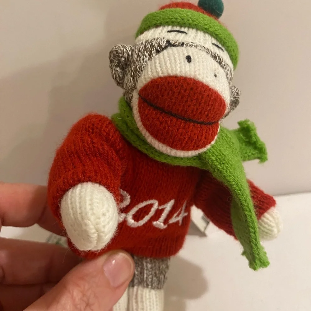 Set of 2 Red and Green Knit Monkey Ornament 2014 & 2015 (F)